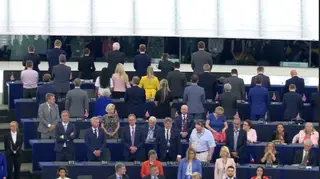 Brexit Party MEPs turn their backs during the EU anthem