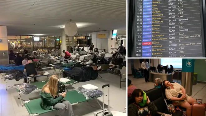 Stranded passengers wait in Schiphol Airport in Amsterdam as air traffic chaos enters a third day