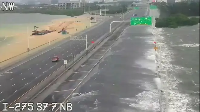 This photo provided by FDOT shows flooded interstate 275 Over Tampa Bay, Florida