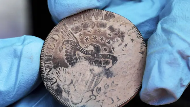 An 1800 Draped Bust Dollar, one of the coins found in the lead box believed to have been placed in the base of a monument by cadets almost two centuries ago, in West Point, New York