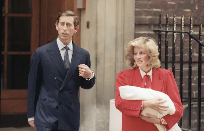 Diana and Charles leaving hospital with a newborn Harry
