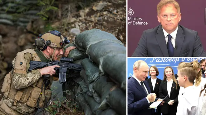 Grant Shapps said Putin is training schoolchildren to fight in Ukraine. Main image shows a Ukrainian soldier training in Norway