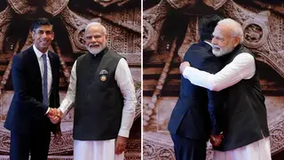 Indian Prime Minister Narendra Modi shakes hands with British Prime Minister Rishi Sunak