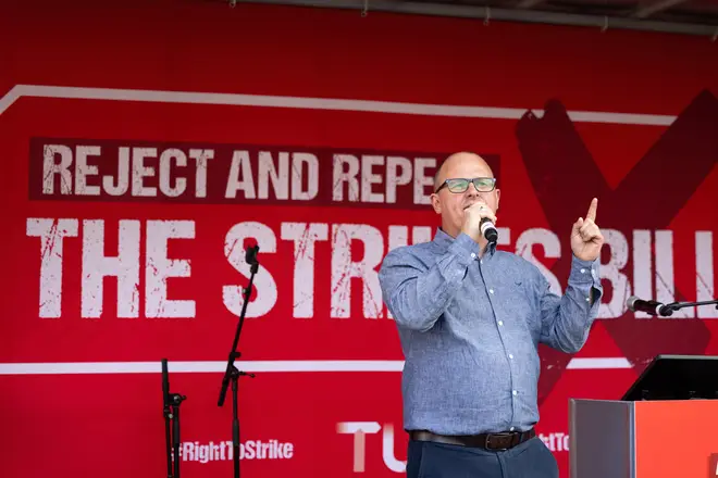 Paul Nowak, the General Secretary of the Trade Union Congress (TUC), is seen giving a speech at a demonstration