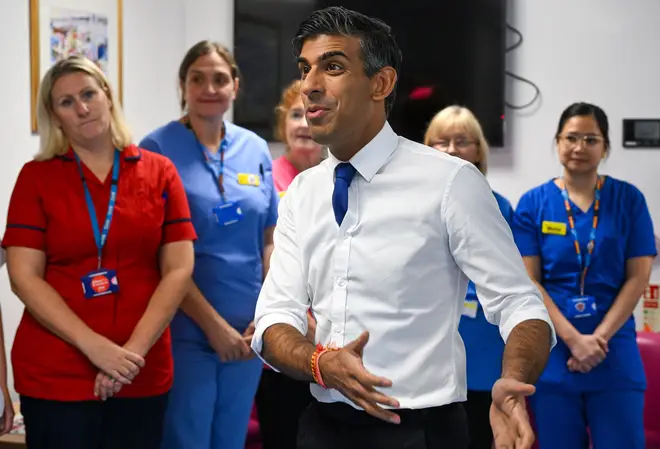 Rishi Sunak talks with staff in the Jubilee Suite during his visit to North Devon District Hospital in Barnstaple