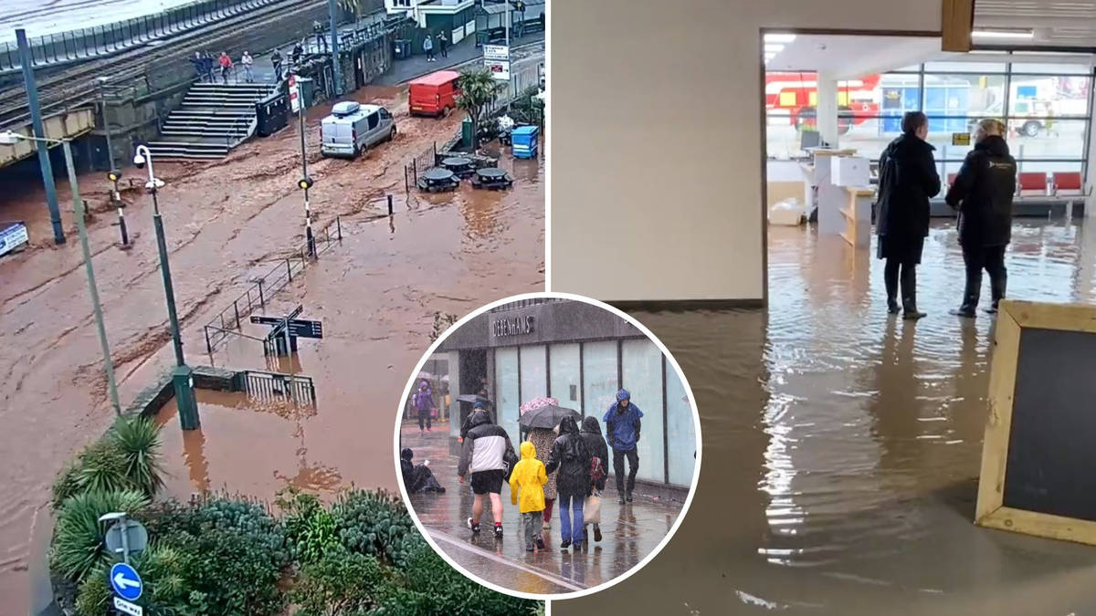 Rain batters Britain with Exeter Airport flooded and cars submerged after warning half a month's rain may fall in a single day