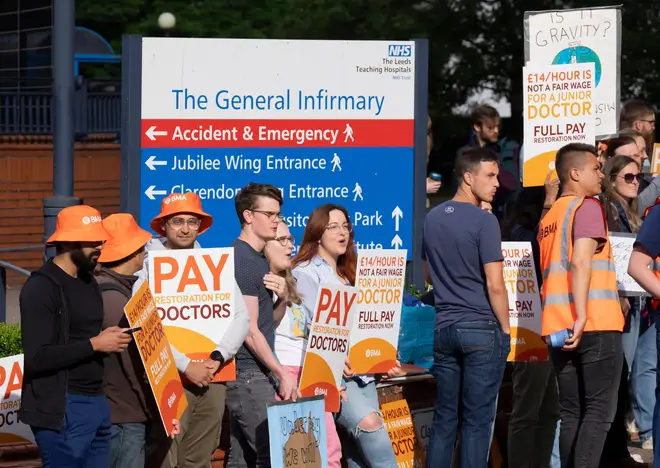 Junior doctor and members of the British Medical Association (BMA) on the picket line outside Leeds General Infirmary