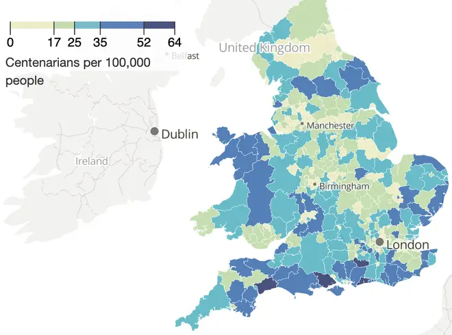 Map showing the areas with the highest centenarians in the UK.