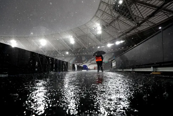 The London stadium was hit by a torrent of rain.