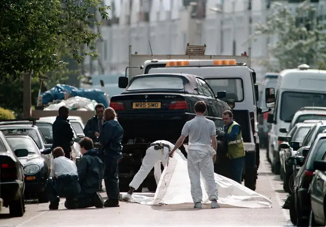 The car of murdered TV Presenter Jill Dando being taken away to the Police Forensics Laboratory