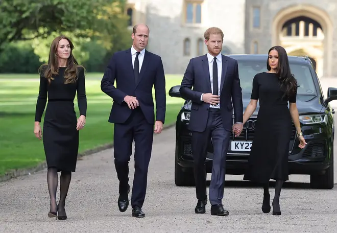 The Prince and Princess of Wales Accompanied By The Duke And Duchess Of Sussex Greet Wellwishers Outside Windsor Castle after the death of the Queen