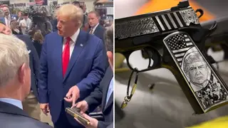 Donald Trump admires the gun with his face on it