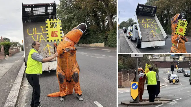 The prehistoric-dressed protestor was joined by a dog-costumed counterpart to protest against Ulez.