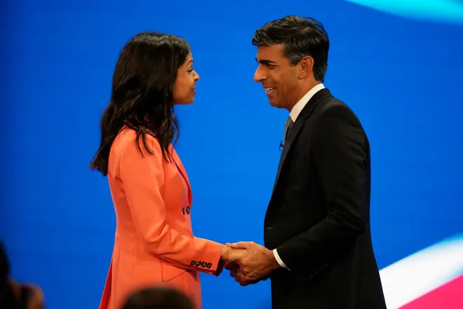 Akshata Murty embraces her husband Prime Minister Rishi Sunak during the final day of the Conservative Party Conference