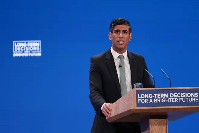 Rishi Sunak gives his speech on the final day of the Conservative Party Conference at Manchester Central Convention Complex