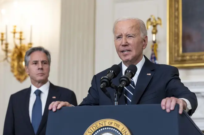 President Biden ordered US military forces to support Israel alongside Secretary of State Anthony Blinken on Sunday - with an aircraft carrier, warships and plane on their way to the Middle East.