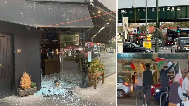 A Jewish restaurant in Golders Green was vandalised and Palestinians celebrated on the streets of London