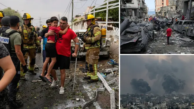 Israel has stepped up attacks on Hamas targets (top right and bottom right). Main image shows a child being rescued after a rocket strike in Israel