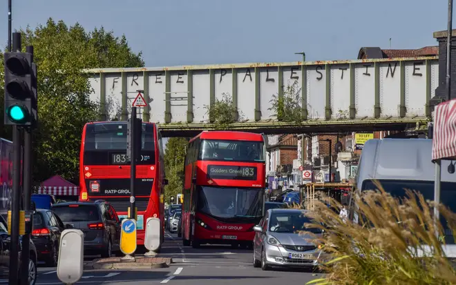 Pro-Palestine graffiti appears on a pair of railway bridges in London’s Golders Green area, following the attack on Israel by Hamas
