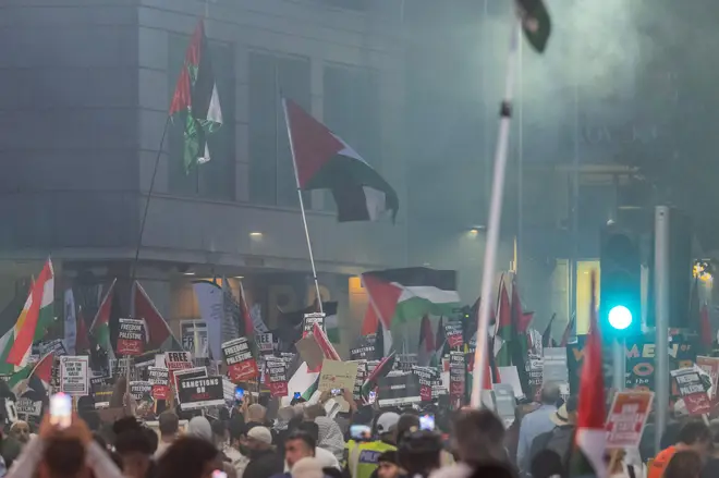 London, UK. 9th Oct, 2023. Palestine protest outside The Israeli embassy in Kensington.