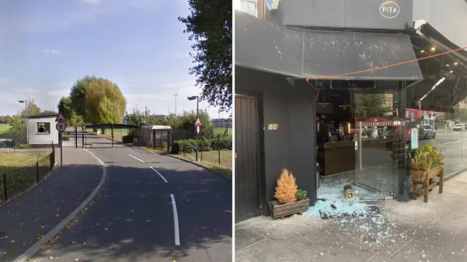 The gates of the Jewish Free School (L) and the vandalised kosher restaurant in Golders Green