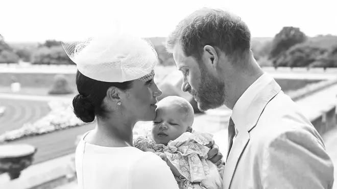 Duke and Duchess of Sussex with their son Archie after his christening at Windsor Castle
