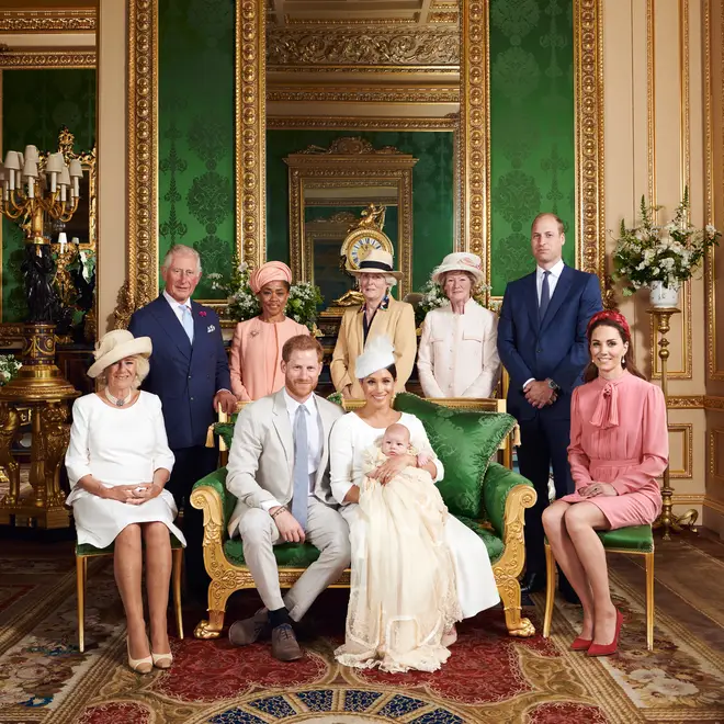 Duke and Duchess of Sussex with their son Archie and members of their extended families after his christening at Windsor Castle