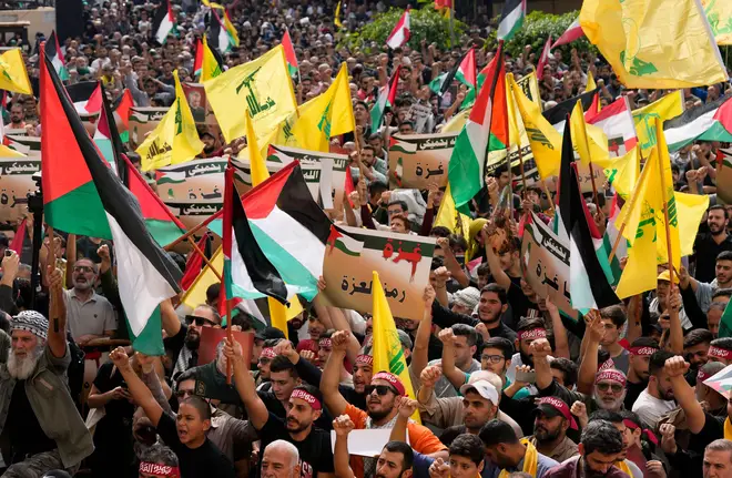 Deputy Chief Naim Qassem spoke at a rally in front of supporters of Hamas, with people in the crowd waving the Palestinian and Hezbollah flags as they chanted “Death to Israel”.