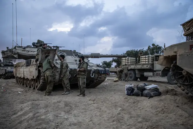 A view of an Israeli military camp as Israel continues to deploy soldiers, tanks and armored vehicles near the Gaza border