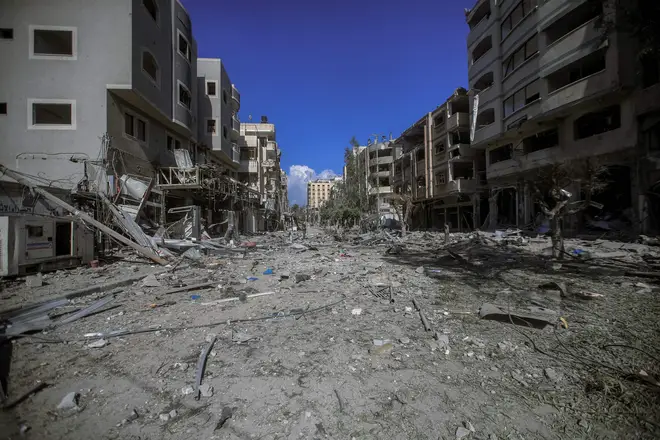 A view of the destroyed houses and streets in Khan Yunis, located in the southern Gaza Strip