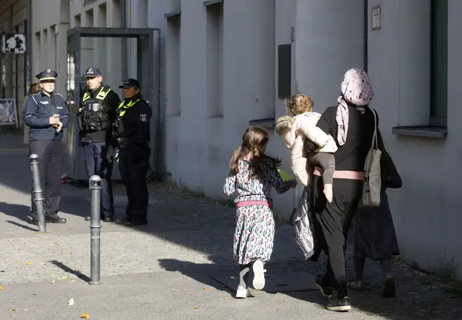 German police at the scene of an attack on a synagogue in Berlin