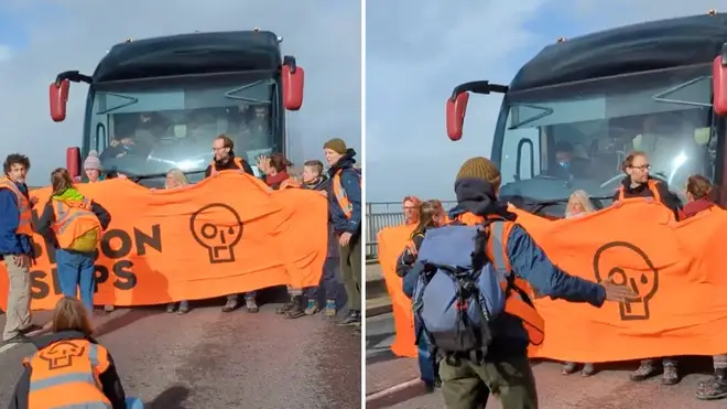 Just Stop Oil protesters stopped the coach trying to take migrants back to the Bibby Stockholm barge
