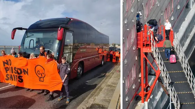 First asylum seekers reboard Bibby Stockholm after coach driver nudges past Just Stop Oil protest