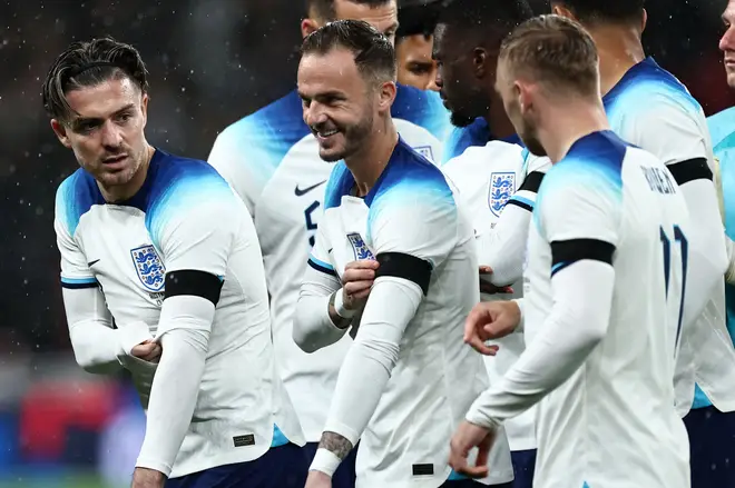 Members of England's football team wore black armbands on their kit to honour the victims of the Hamas attacks in Israel during the England-Australia match at Wembley Stadium