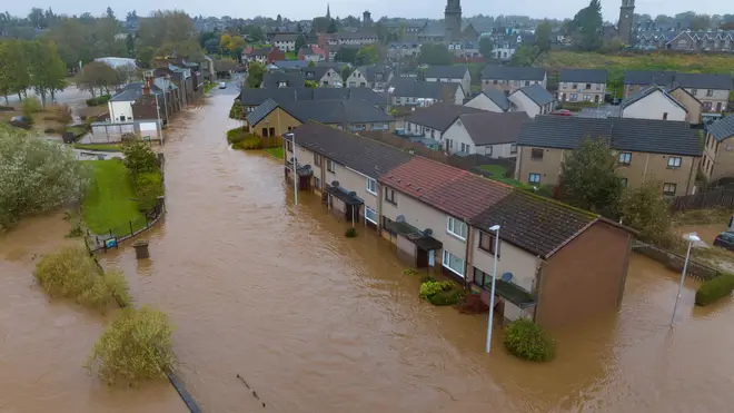 Aerial views of Brechin after the River South Esk broke its banks