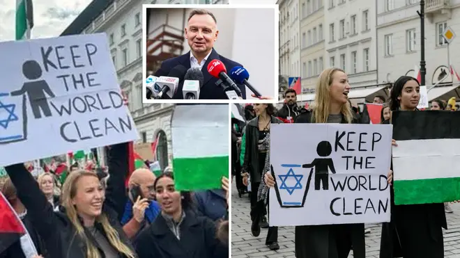 Student Marie Andersen was pictured with this anti-Semitic banner and tried to defend it as about the 'Israeli government' - Poland's president has criticised the comments
