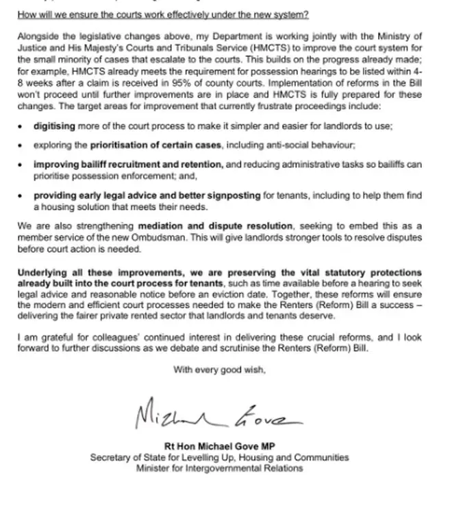A letter from Michael Gove to MPs promising court reform before pushing ahead with banning section 21 eviction notices