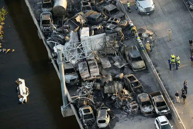 Aerial view of the scorched vehicles on the I-55 after the crashes