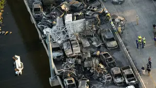 Aerial view of the scorched vehicles on the I-55 after the crashes