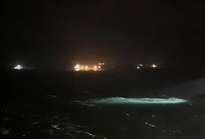Search spotlights on the water from the P&O cruise ship during the small hours of this morning