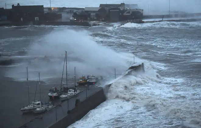 Stormy conditions in Stonehaven, in Scotland