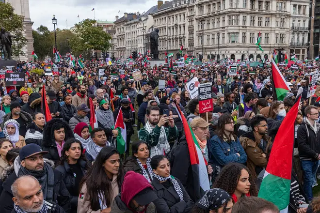 Pro-Palestinian protesters rally in Parliament Square on Saturday