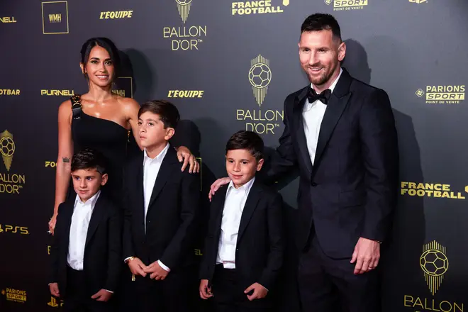 Lionel Messi (R) of Inter Miami arrives for the Ballon d'Or ceremony at Theatre du Chatelet in Paris