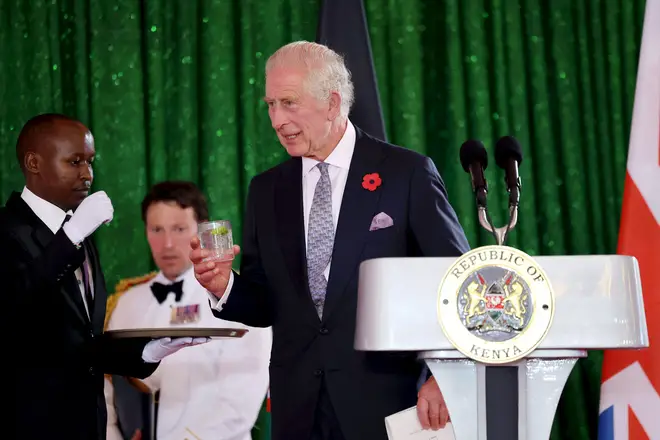 Britain's King Charles leaves the podium after delivering a speech during the State Banquet hosted by Kenyan President