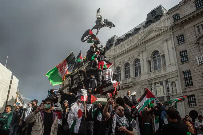 Pro Palestine demonstrators at Piccadilly Circus