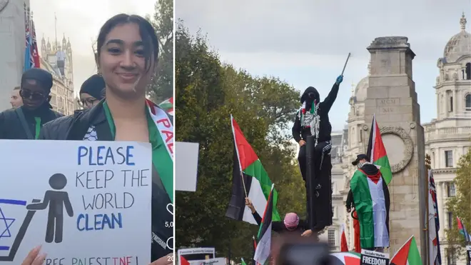 Police have launched an investigation into the picture (L) after pro-Palestinian protests at the Cenotaph