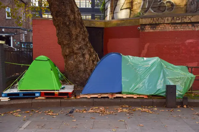 Homeless people's tents on Tottenham Court Road. Home Secretary Suella Braverman has proposed that new laws be introduced which will limit the use of tents by homeless people, which she has referred to as a 'lifestyle choice'