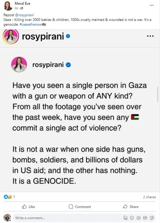 She shared a post that said no one in Gaza has weapons