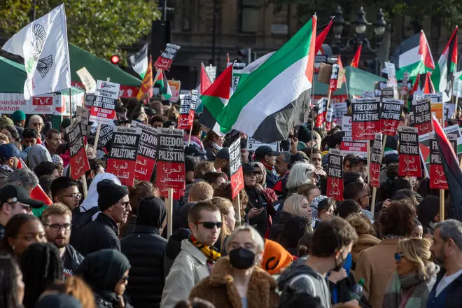 Pro-Palestinian protesters attend a demonstration in Trafalgar Square on November 4
