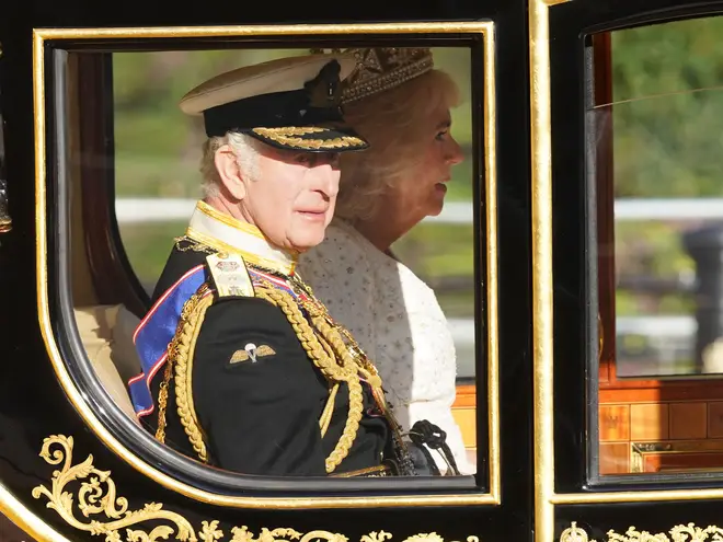 King Charles III and Queen Camilla depart Buckingham Palace, London, ahead of the State Opening of Parliament in the House of Lords at the Palace of Westminster